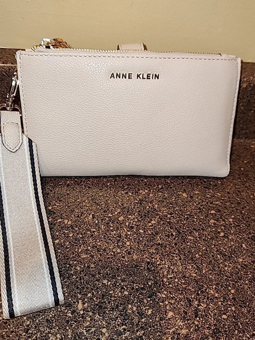 Anne Klein tan beige Top Zip/Snap Closure Faux Leather Wristlet Gold-tone